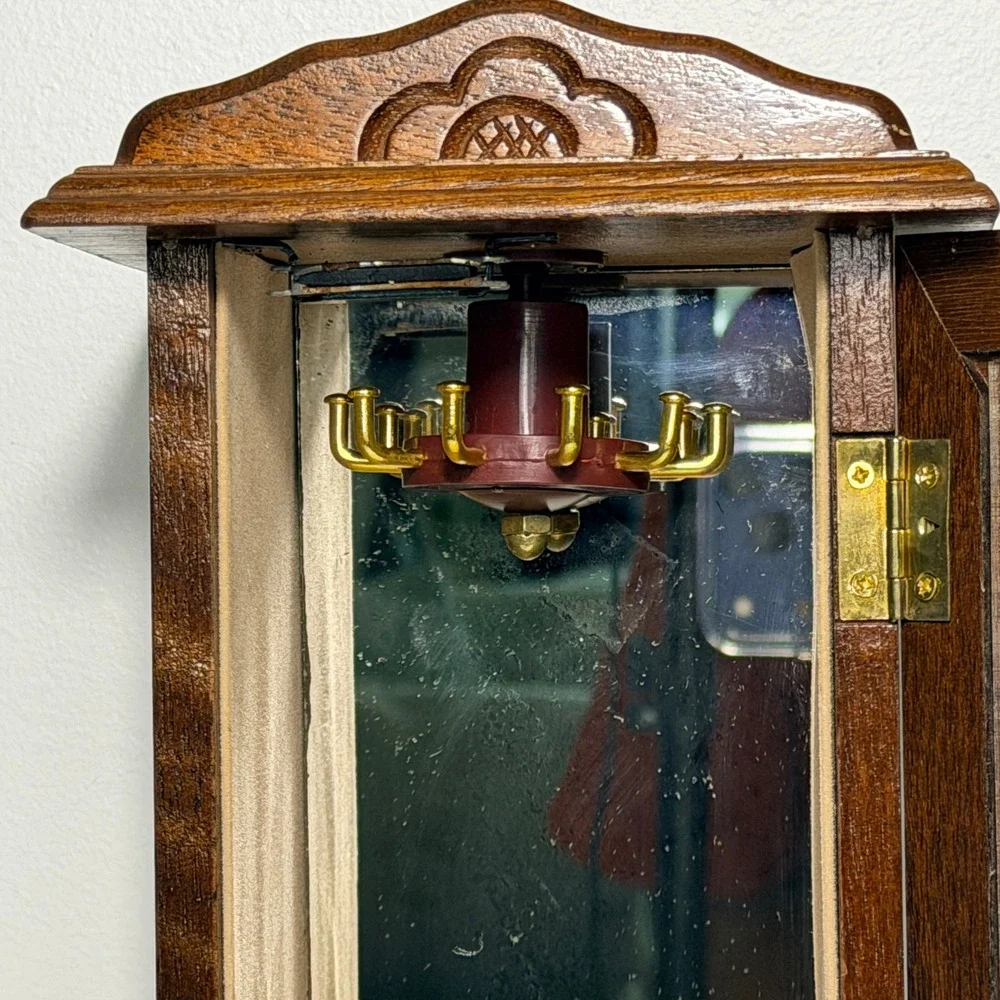 Vintage Wood Jewelry Cabinet Necklace Carousel Etched Glass Mirrored Ring Holder